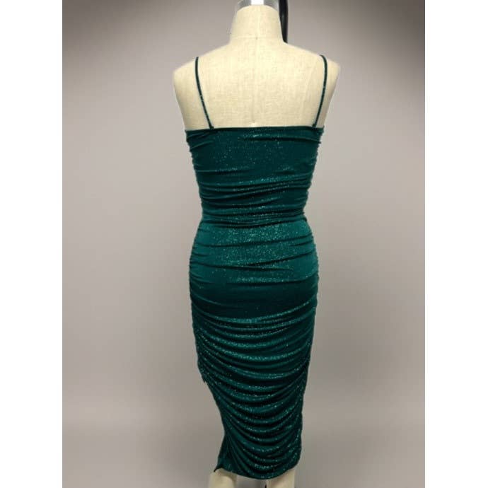 Plus Size Glitter Square Neckline Ruched Bodycon Side Slit Midi Dress — view 3