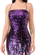Sequined Lace Up Back High Slit Maxi Dress - view 10