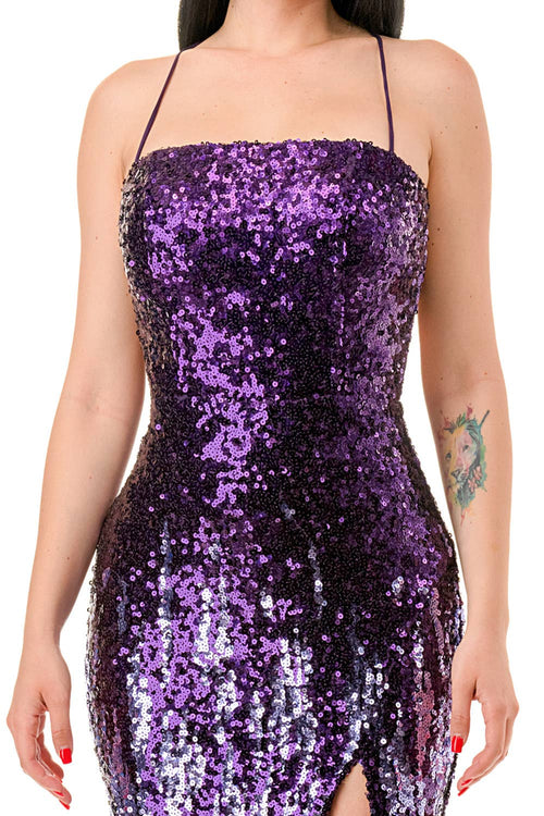 Sequined Lace Up Back High Slit Maxi Dress - view 10