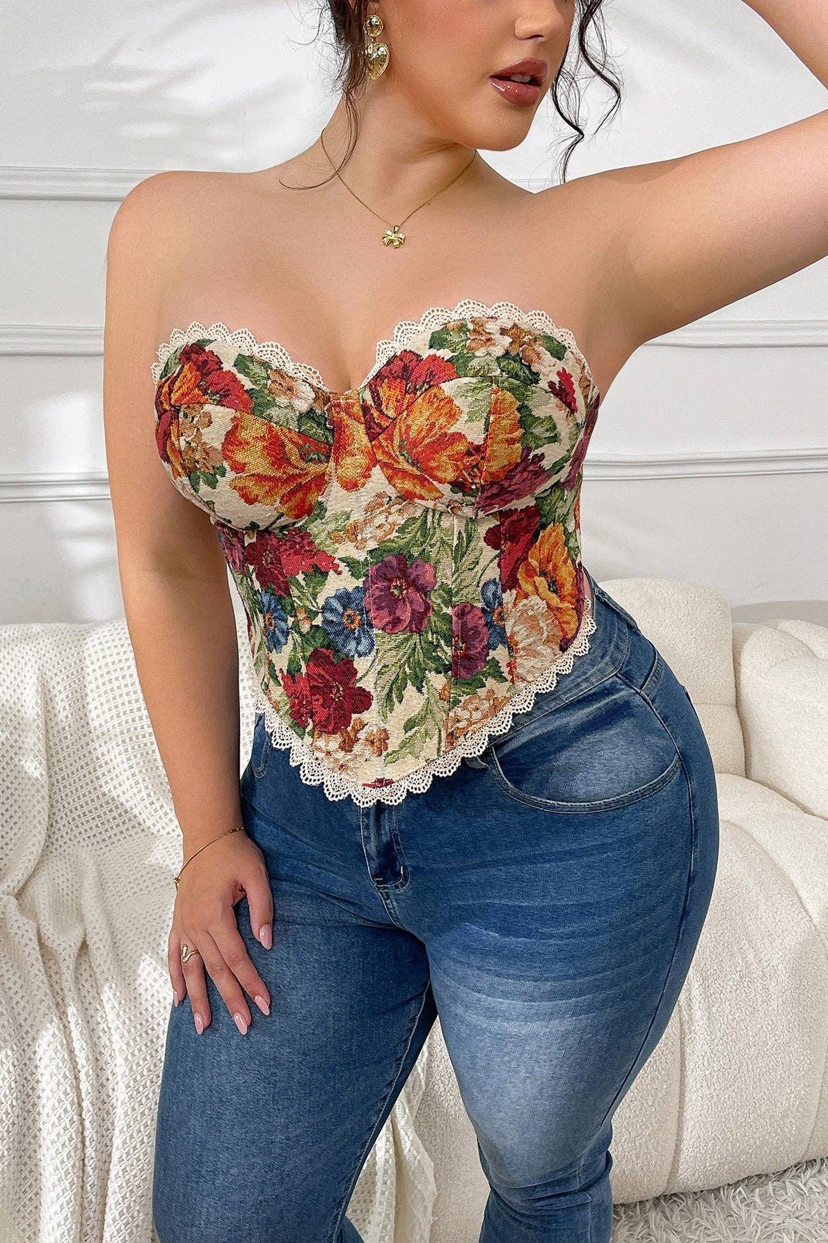 Plus Size Vintage French Fishbone Corset Top Floral Wrap Blouse