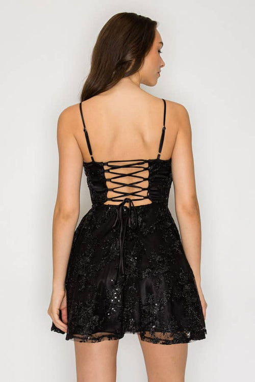 CD30529-1: FLORAL SEQUIN A LINE MINI