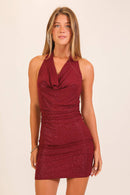 Shimmer Knit Cowl Halter Mini Dress