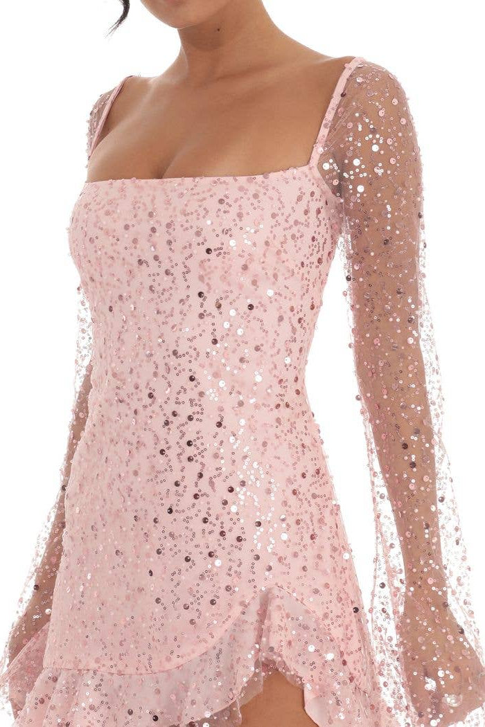 Floral Flare Long Sleeve Dress In Pink