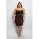 Plus Size Flocked Velvet Cowl Neck Bodycon Ruched Mini Dress