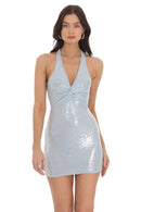 Sequin Twist V-Neck Bodycon Dress in Sky Blue