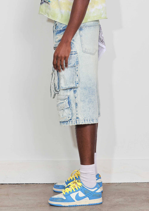 Washed Multi Cargo Denim Jorts — view 4
