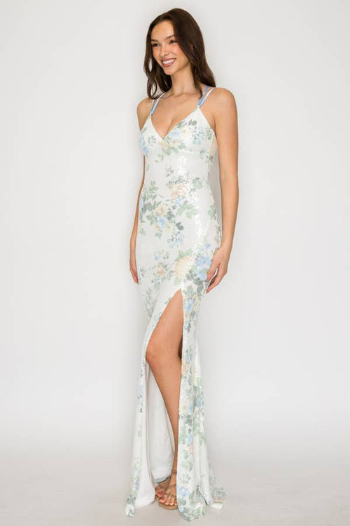 Floral Sequin Crossed Back Maxi Dress, view 4