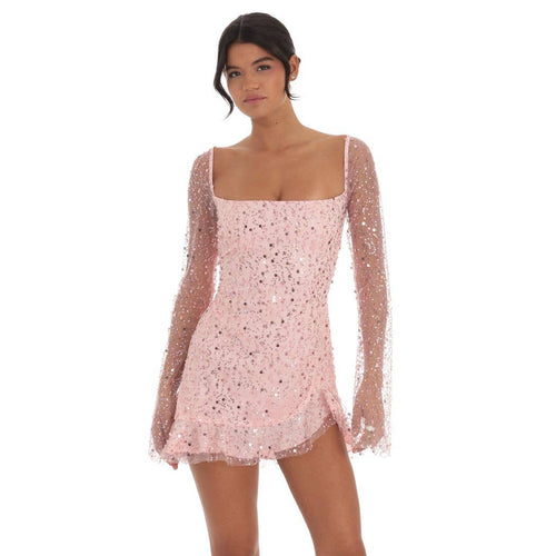 Floral Flare Long Sleeve Dress in Pink — view 4