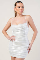Slinky Foiled Cowl Neck Lace Back Mini Dress