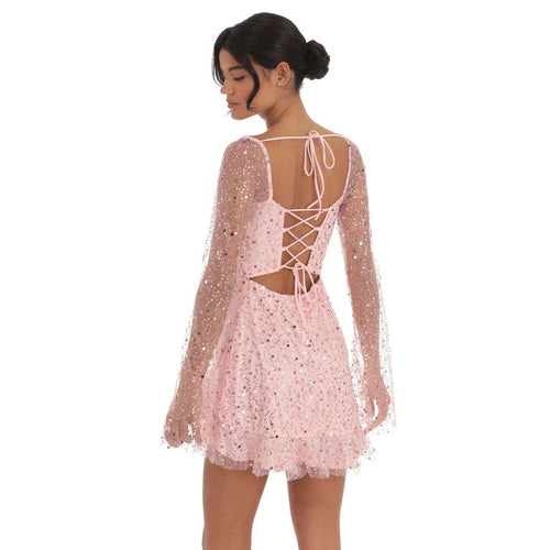 Floral Flare Long Sleeve Dress in Pink — view 3