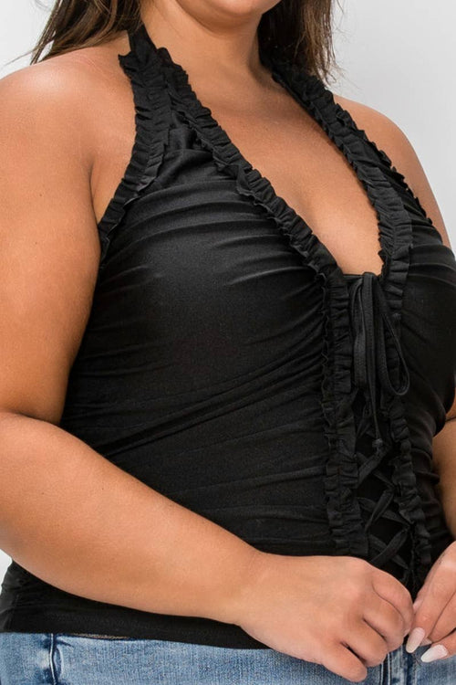 Knit Ruffle Ruched Lace-Up Halter Top — view 3