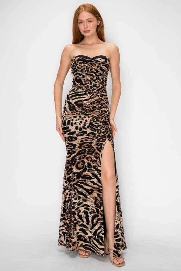 Leopard Print Strapless Mermaid Maxi