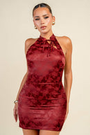 Floral Jacquard Mandarin Collar Halter Mini Dress