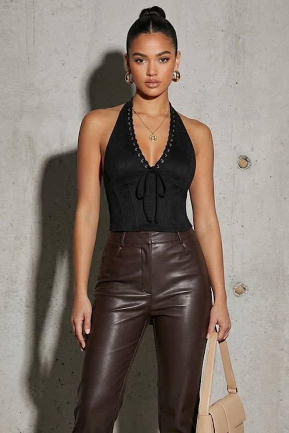 Suede Lace-Up Halter Corset Top