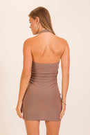 Shimmer Knit Cowl Halter Mini Dress