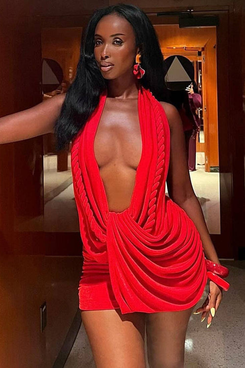 Sexy Deep V Neck Halter Backless Bodycon Mini Dress