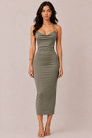 Metal O Ring Trim Cowl Neck Midi Dress