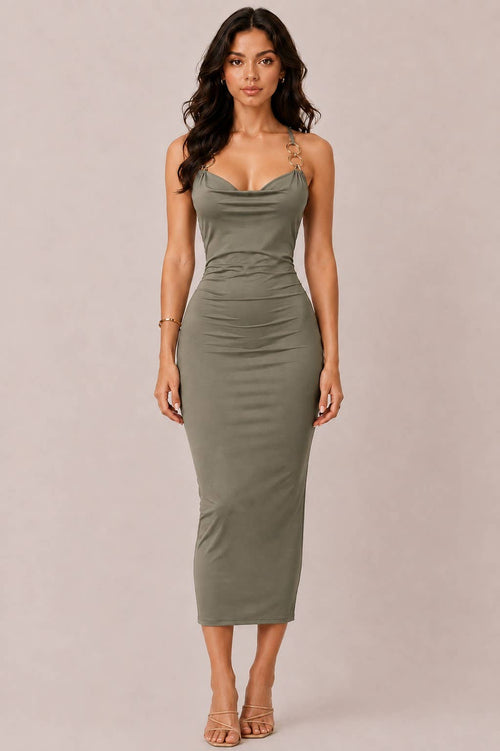 Metal O Ring Trim Cowl Neck Midi Dress