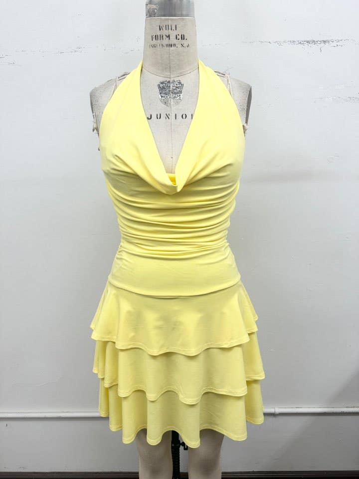 Cowl Neck Halter Tiered Mini Dress