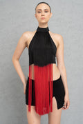 102252 BLACK TASSELED MOCK NECK CROP TOP