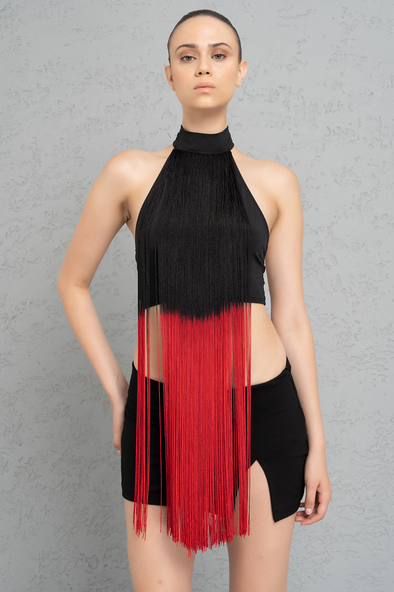 102252 BLACK TASSELED MOCK NECK CROP TOP