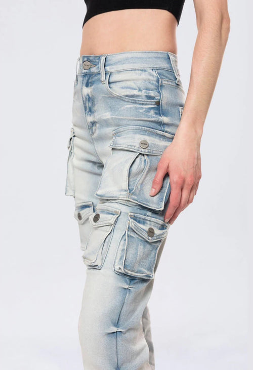 Smoke Rise High Rise Stacked - Santorini Blue Cargo Jeans — view 6