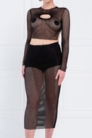 Sheer Black Cropped Mesh Top & Mid Skirt Set