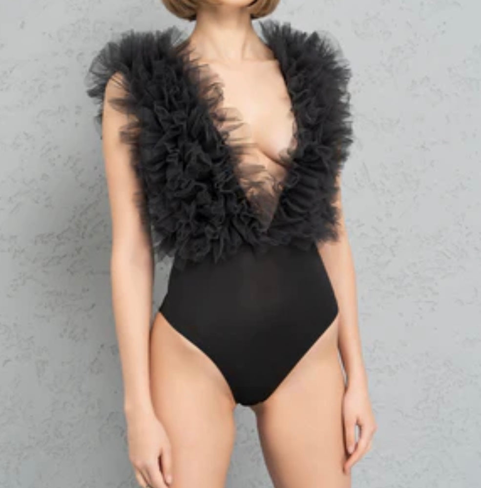 Kiki Riki Tulle Deep V No Sleeve Bodysuit — view 3