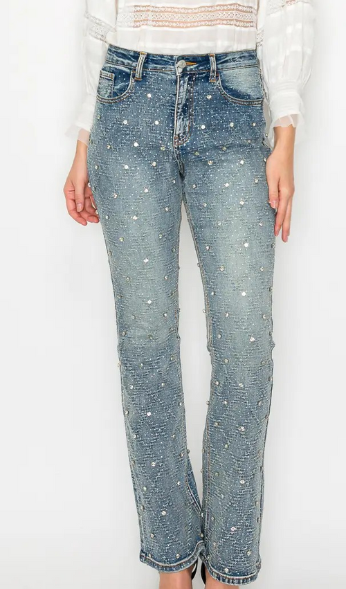 Artemis Jewel Embellished All Over Rhinestone Modern Bootcut Jeans — view 2
