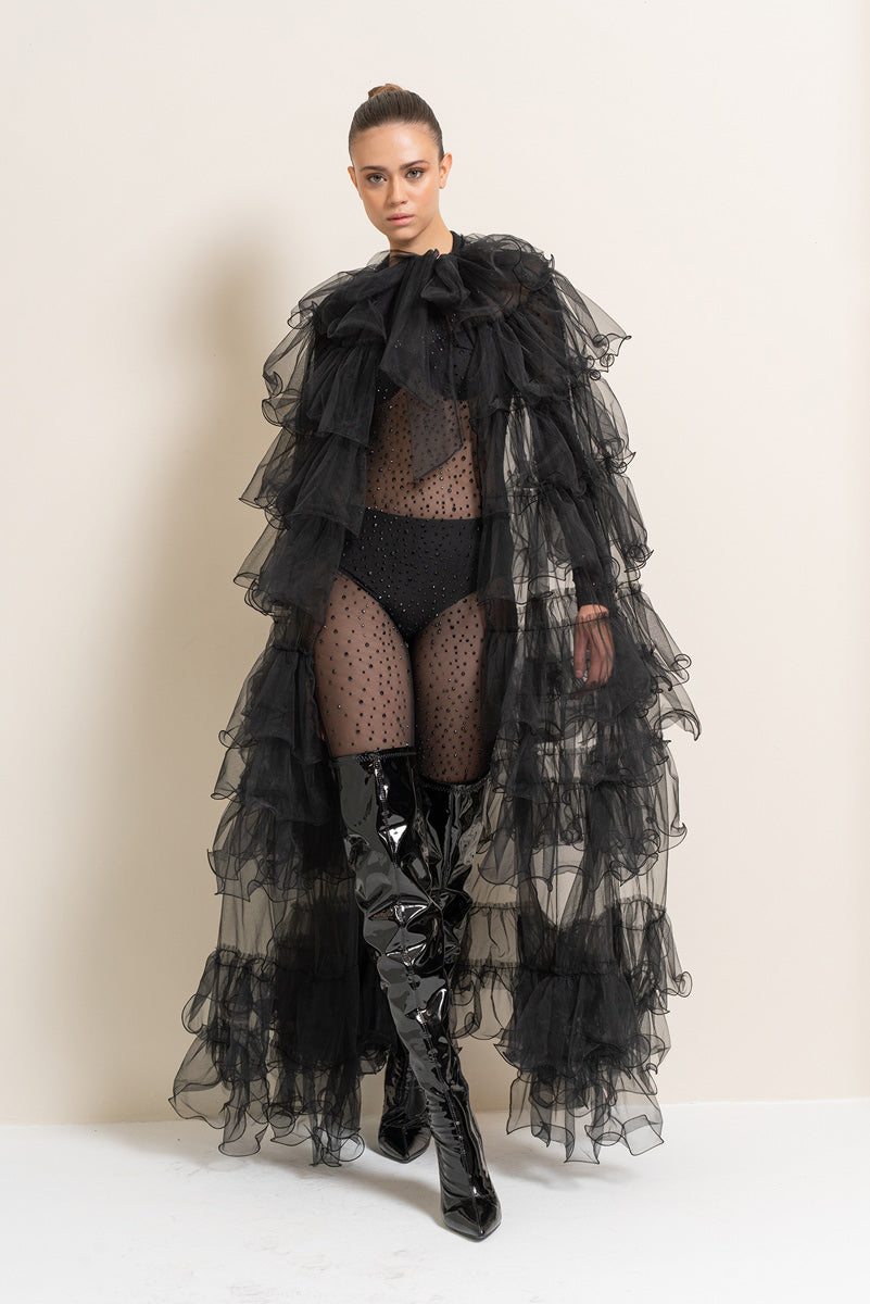102402 BLACK TIERED-RUFFLE TULLE CAPE