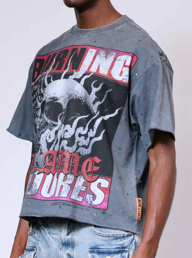 First Row "Breaking News Burning Flames Cropped" Tee