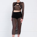 Sheer Black Cropped Mesh Top & Mid Skirt Set