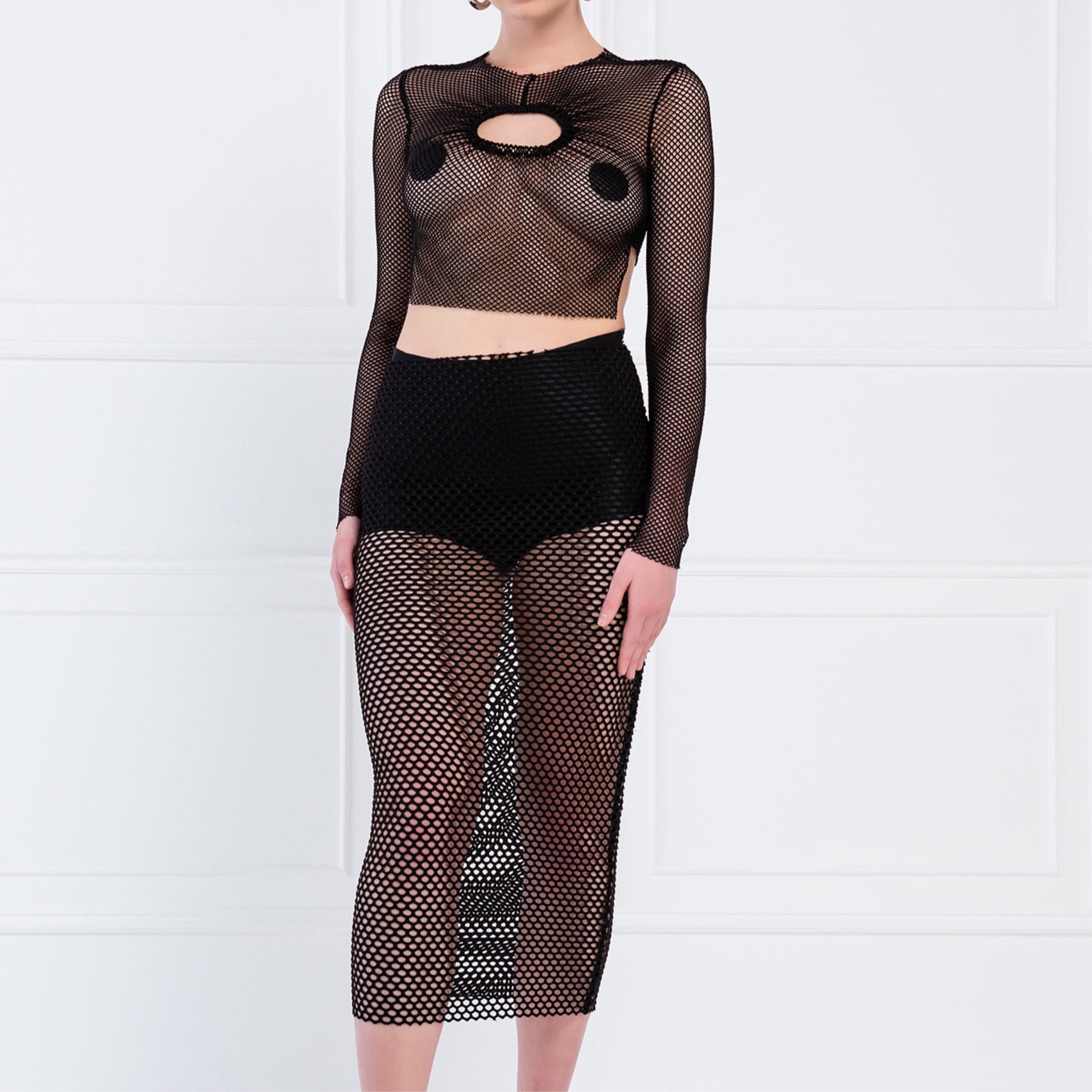 Sheer Black Cropped Mesh Top & Mid Skirt Set