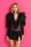 Kiki Riki Ruffle Deep V Mesh Bodysuit