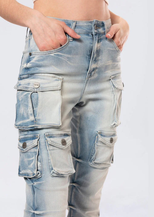 Smoke Rise High Rise Stacked - Santorini Blue Cargo Jeans — view 2