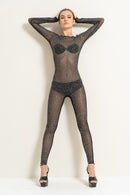 Black Backless Embellished Mesh Bodysuit