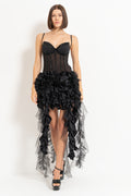 BLACK ROSE-ACCENT RUFFLE-TRIM MESH DRESS