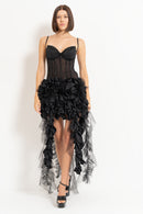 Black Rose-Accent Ruffle-Trim Mesh Dress