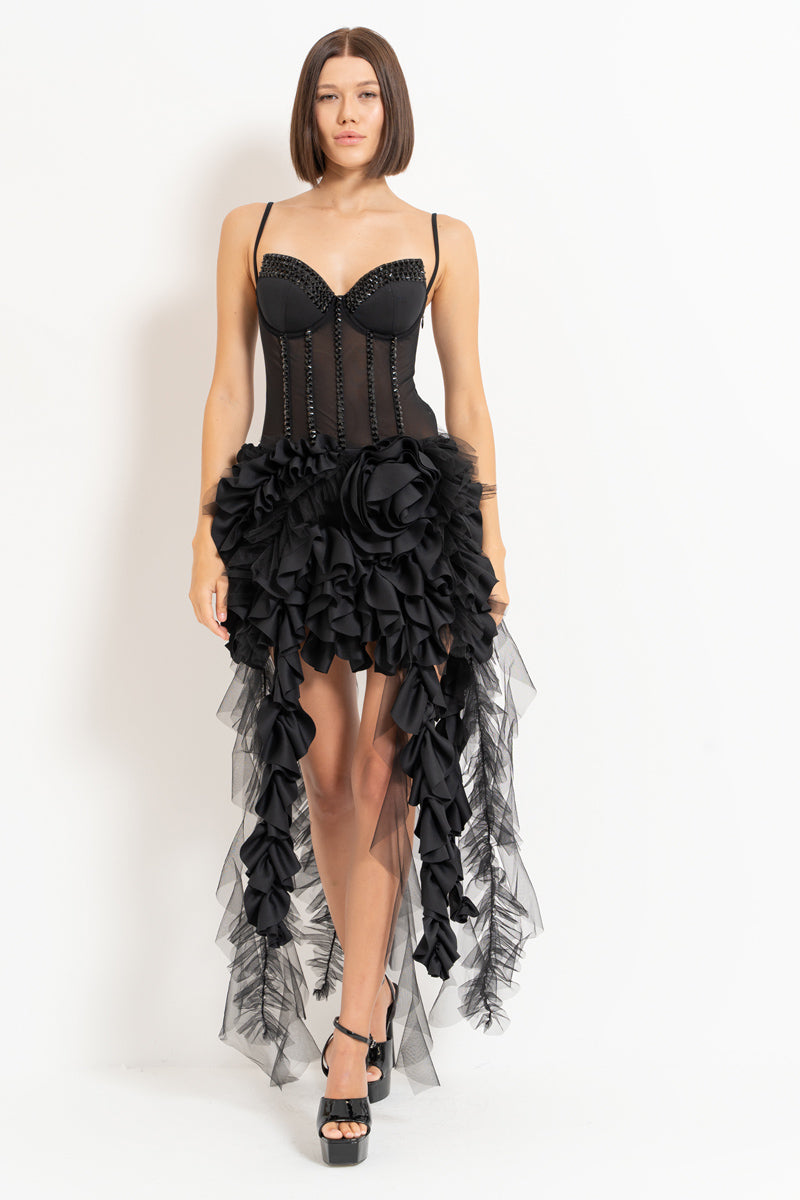 Black Rose-Accent Ruffle-Trim Mesh Dress