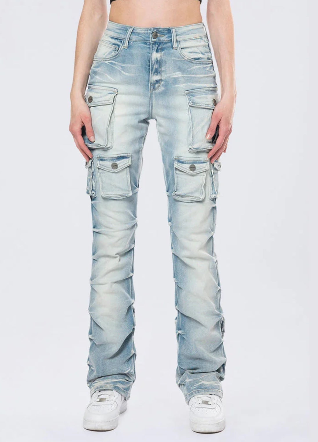 Smoke Rise "High Rise Stacked - Santorini Blue" Cargo Jeans