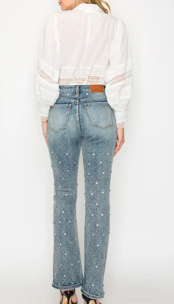 Artemis Jewel Embellished All Over Rhinestone Modern Bootcut Jeans — view 3