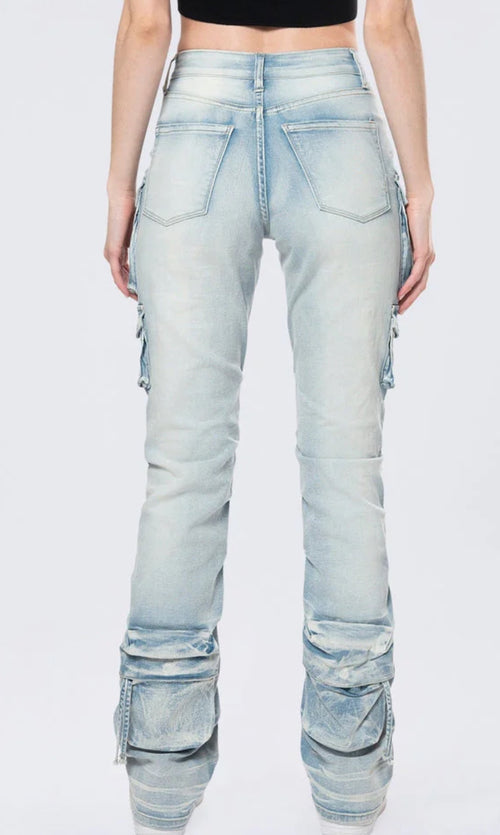 Smoke Rise High Rise Stacked - Santorini Blue Cargo Jeans — view 3