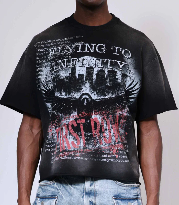 First Row "Breaking News Flying to Infinity Cropped" Tee
