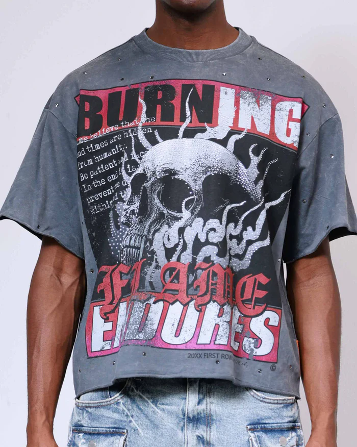 First Row "Breaking News Burning Flames Cropped" Tee